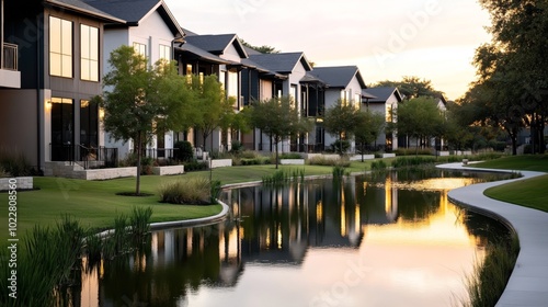 Row of modern residential houses along a tranquil waterway during sunset, reflecting in the water, with landscaped greenery and trees.