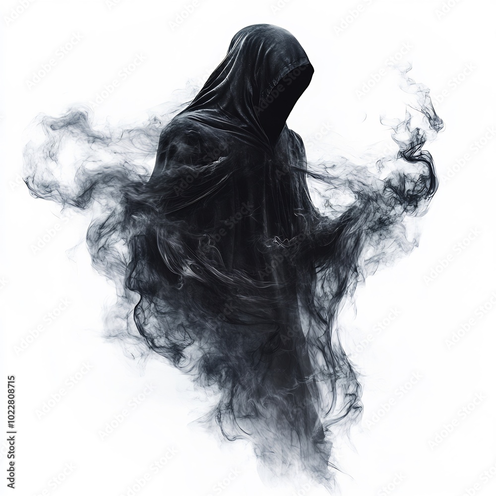 Fototapeta premium A faceless hooded wraith, with dark smoke trailing behind as it flies, on a white background