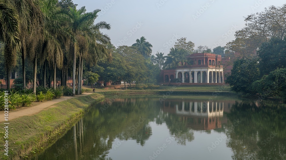 A tranquil pond reflects a grand building in a lush green garden with palm trees. A tranquil pond reflects a grand building in a lush green garden with palm trees.