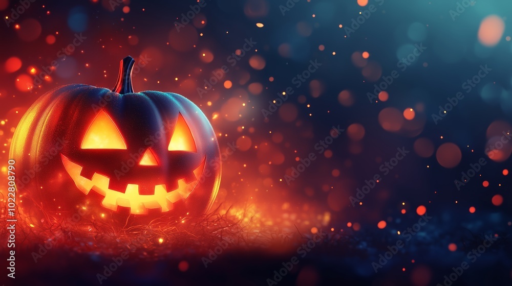 Fototapeta premium Halloween banner with Jack-o'-lantern on blurred background with Halloween greetings and celebrations.