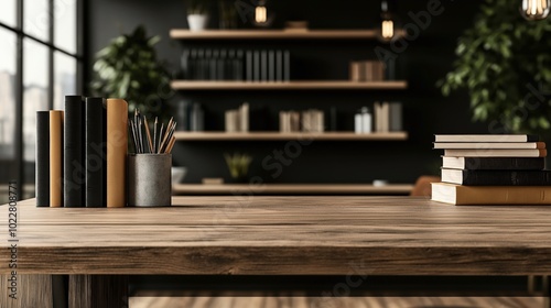 Modern minimalist office interior with wooden desk, stacked books, and pencil holder, surrounded by bookshelves and potted plants for a natural ambiance