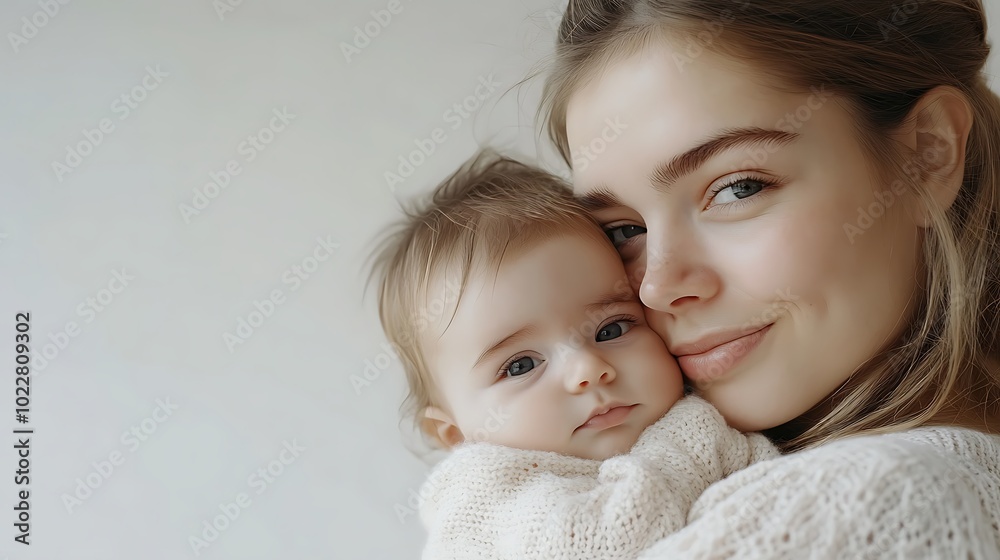 A young mother holds her baby close, both looking at the camera with love and tenderness. A young mother holds her baby close, both looking at the camera with love and tenderness.
