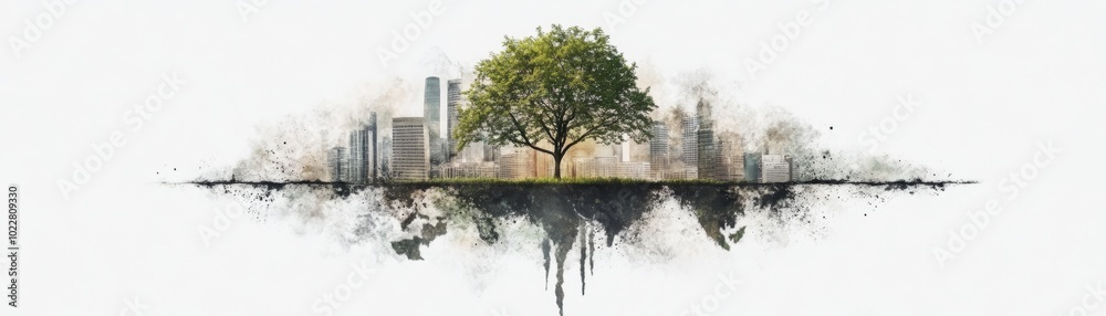 Obraz premium Green Tree Growing Through Cityscape Abstract Watercolor Art