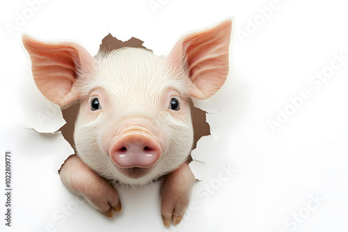 A cute pig with a charming face looking through hole torn paper isolated on white background