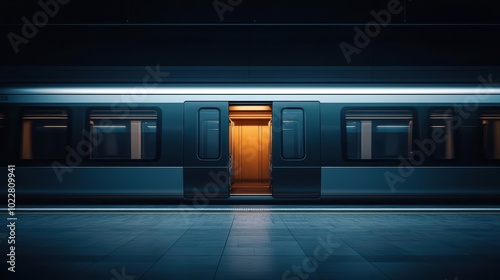 Subway station at night showcasing a train with an open door, illuminated by warm light against a dark background.
