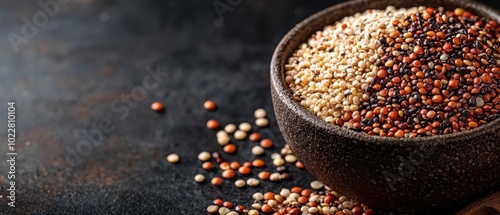 Textured bowl of assorted quinoa seeds against a dark background, showcasing a vibrant mix of colors and types.