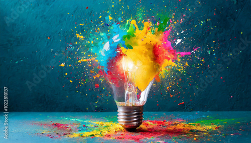 Colorful explosion of paint surrounding a light bulb on a vibrant blue background in an artistic display of creativity and energy photo