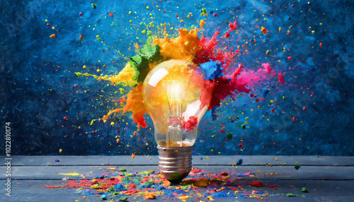 Colorful explosion around a glowing light bulb against a blue background during a creative art concept display photo