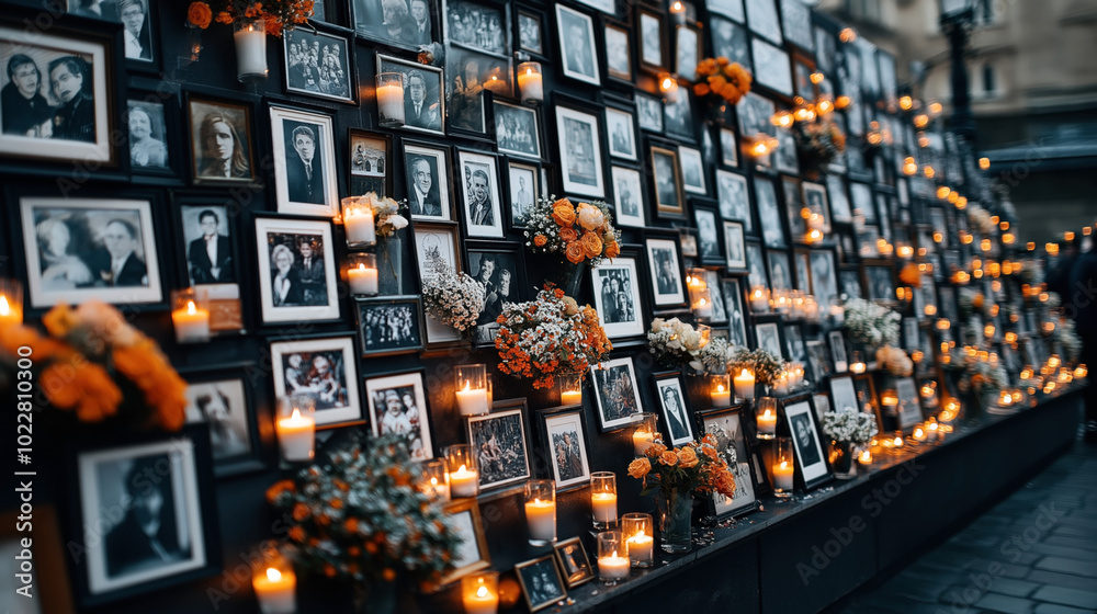 A memorial wall with numerous framed black-and-white photographs, surrounded by glowing candles and floral arrangements, creating a solemn and reflective atmosphere. A memorial wall with numerous framed black-and-white photographs, surrounded by glowing candles and floral arrangements, creating a solemn and reflective atmosphere.