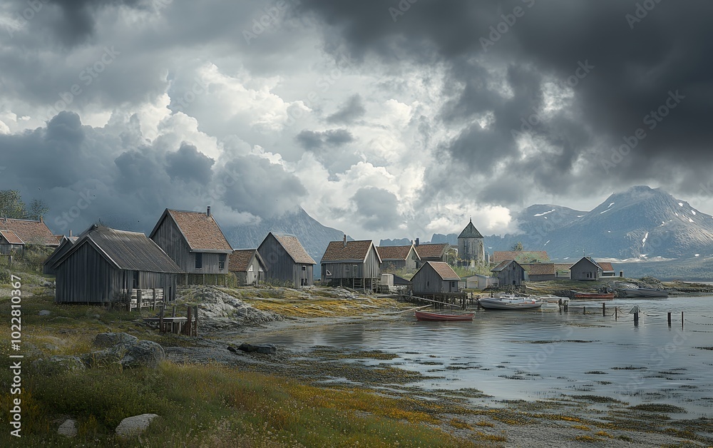 A quaint seaside village nestled amongst towering mountains and a dramatic cloudy sky. A quaint seaside village nestled amongst towering mountains and a dramatic cloudy sky.