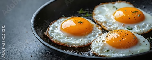 Three sunny side up eggs fried in a pan, garnished with herbs, appetizing breakfast dish on a dark countertop.