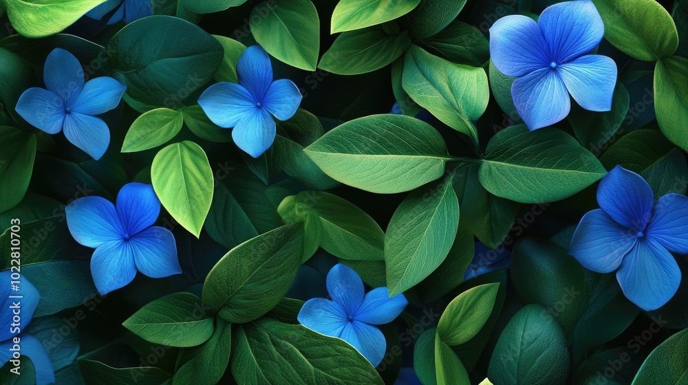 3D wallpaper featuring vibrant blue flowers and lush green leaves 3D wallpaper featuring vibrant blue flowers and lush green leaves