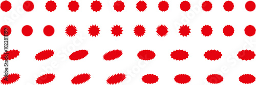 Starburst red sticker set - collection of special offer sale round and oval sunburst labels and buttons isolated on white background. Promo stickers with star edges. Vector