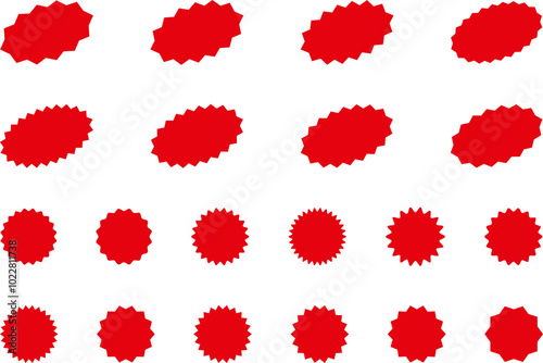 Starburst red sticker set - collection of special offer sale round and oval sunburst labels and buttons isolated on white background. Promo stickers with star edges. Vector