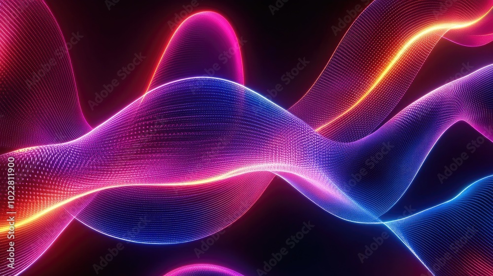 3D rendering of an abstract neon background featuring a luminous wavy ribbon design 3D rendering of an abstract neon background featuring a luminous wavy ribbon design