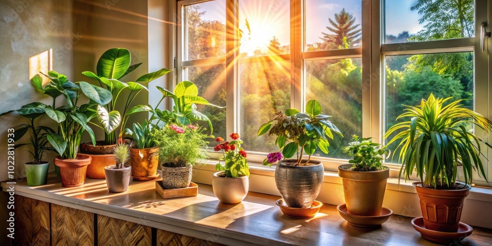 Sunlight Streaming Through a Window Ledge with Potted Plants and a Cozy Indoor Atmosphere Sunlight Streaming Through a Window Ledge with Potted Plants and a Cozy Indoor Atmosphere