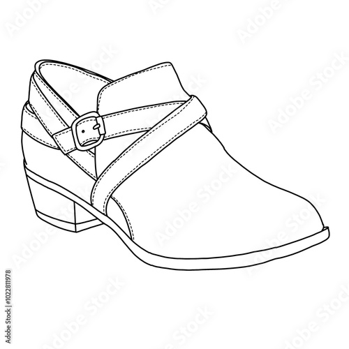 Women's ankle boots adley  shoes with strap Line art, Technical sketch hand drawing outline vector doodle illustration side 3D Isometric view isolated on white background photo