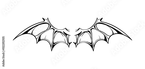 Black and white illustration of stylized bat wings with intricate details and sharp lines. Street art, Brutalism flash tattoo, black and white illustration, isolated vector graphic