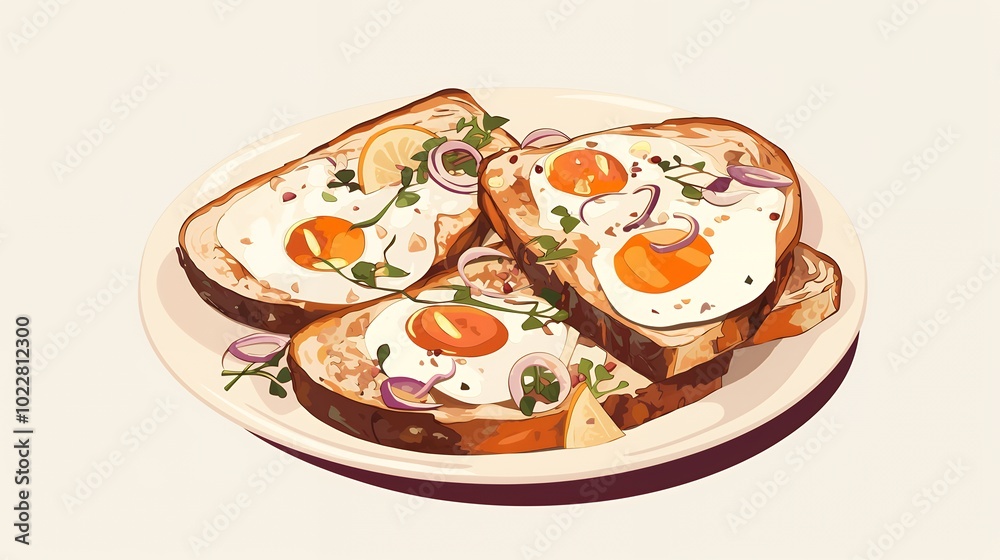 Fried eggs on toast with red onion, herbs, and lemon. Fried eggs on toast with red onion, herbs, and lemon.
