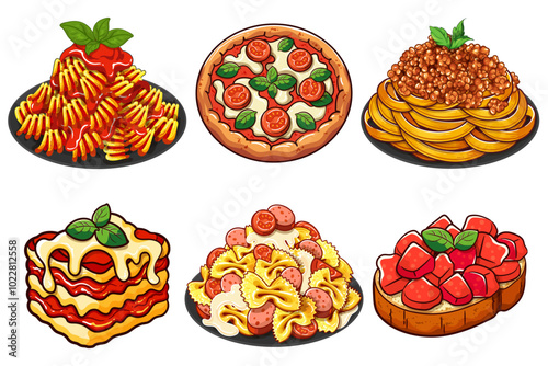 Fusilli Pasta, Farfalle Pasta, Tagliatelle Bolognese Pasta, Margherita Pizza, lasagna, Bruschetta italian illustration vector.  Italian Food Pasta noodles vector. Famous Italian Dishes Icons Menu.  