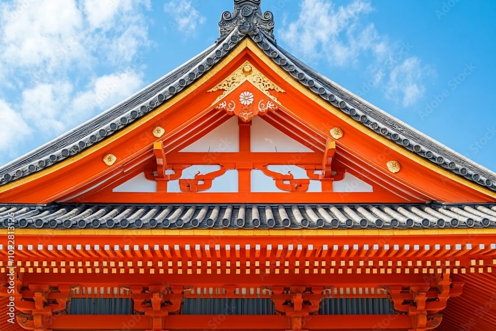 Close-up of a traditional Japanese temple roof with intricate details and a blue sky background. Close-up of a traditional Japanese temple roof with intricate details and a blue sky background.