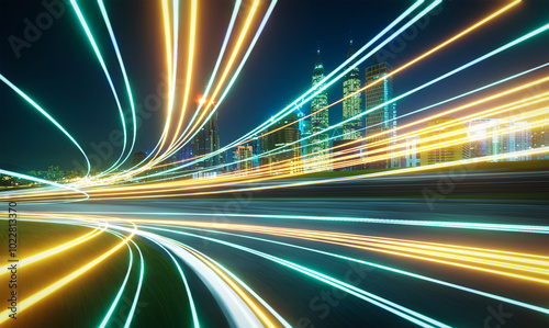 Light trails illuminating a modern city with skyscrapers at night