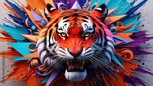 Tiger Head with Colorful Artistic Elements photo