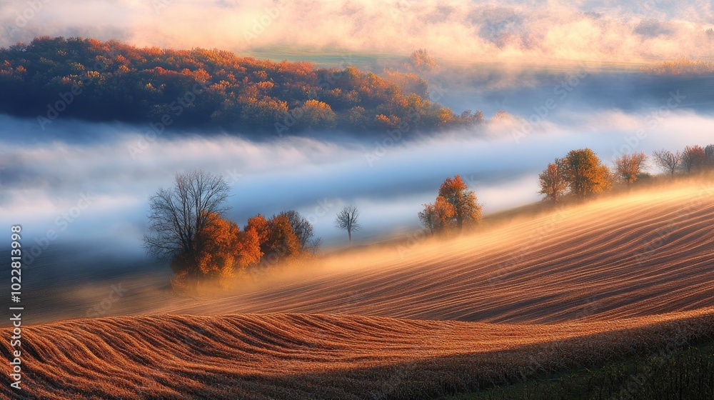 Obraz premium Cold Sunset Over Agricultural Land with Fog as the Main Feature