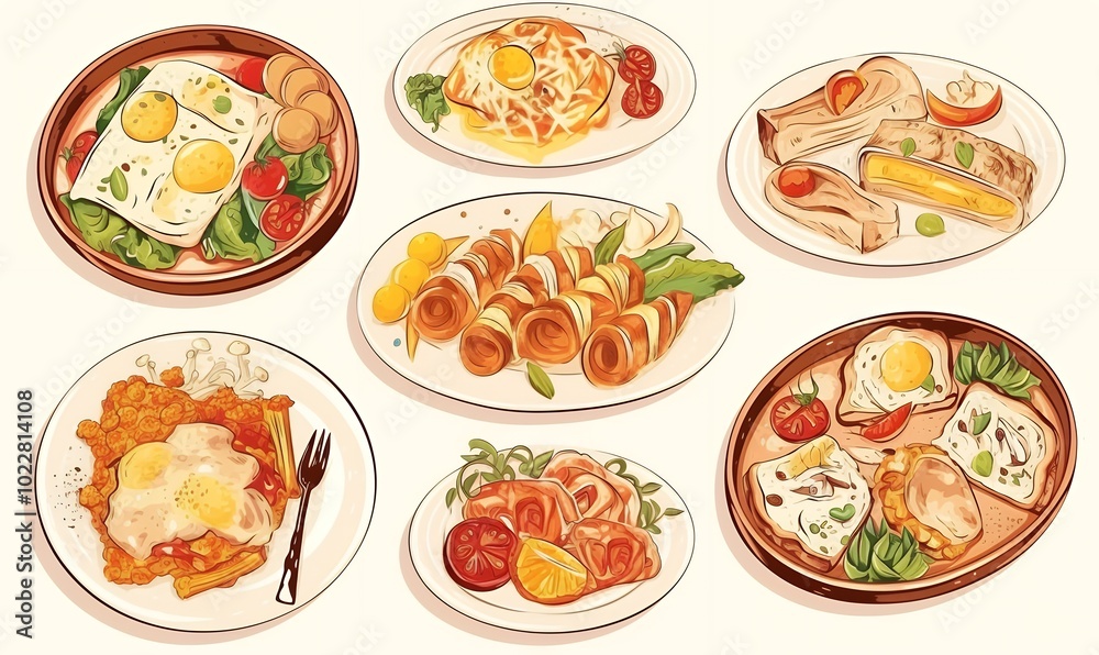 A colorful spread of breakfast dishes, featuring eggs, toast, and vegetables. A colorful spread of breakfast dishes, featuring eggs, toast, and vegetables.