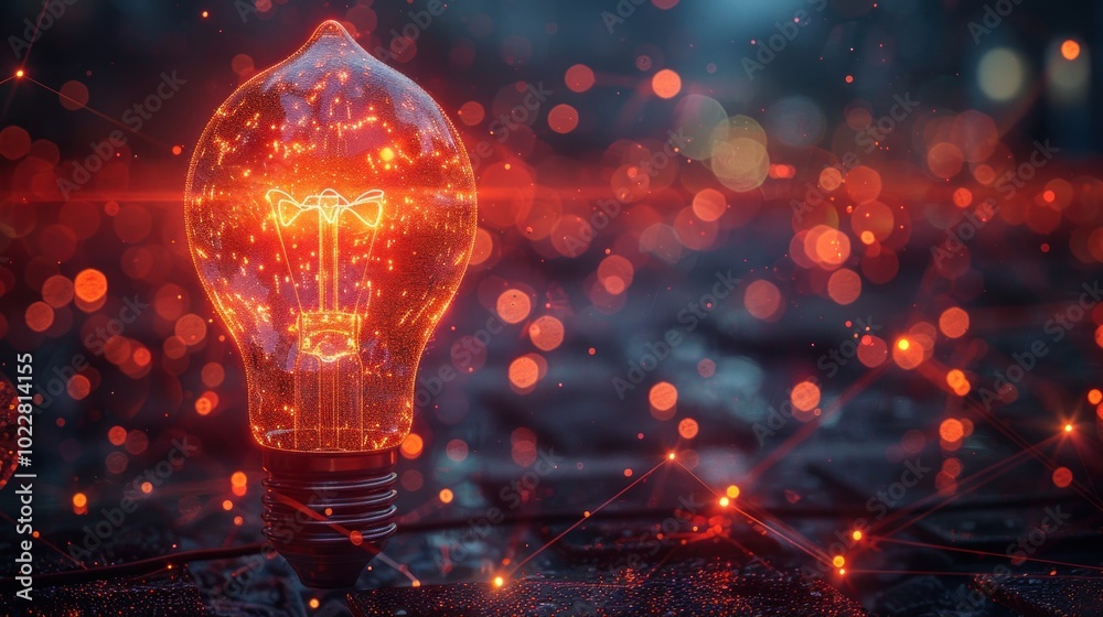 Glowing Lightbulb with Red Bokeh and Connections Glowing Lightbulb with Red Bokeh and Connections