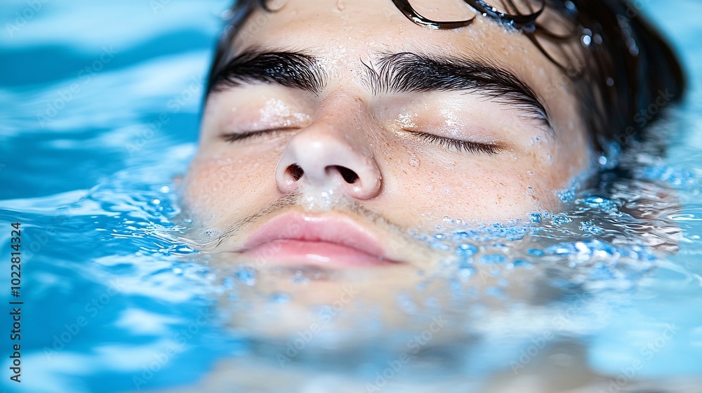 Close-up of a face submerged in icy water with blue veins showing and eyes closed Stock Photo with side copy space Close-up of a face submerged in icy water with blue veins showing and eyes closed Stock Photo with side copy space