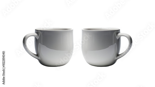  A side view of two empty white coffee cups isolated on white background.