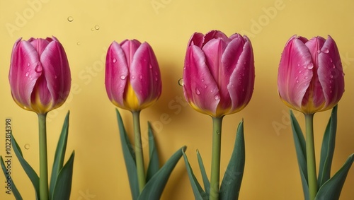 Three pink tulips against a yellow background, water droplets on petals, no people