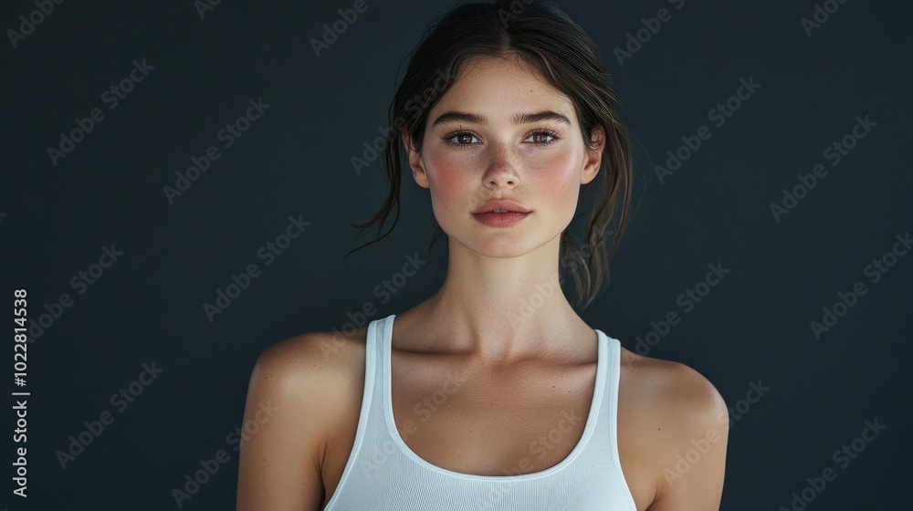 Beautiful woman in white T-shirt Female breast dark background Beautiful woman in white T-shirt Female breast dark background