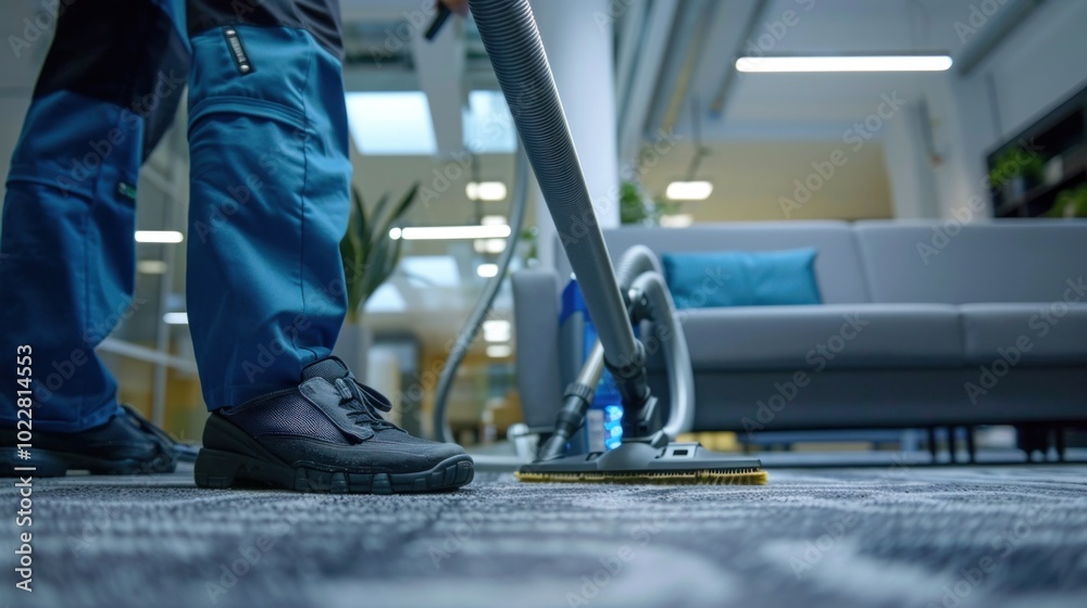 Close-Up of a Janitor Vacuuming a Carpet in a Modern Office Close-Up of a Janitor Vacuuming a Carpet in a Modern Office
