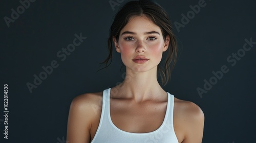 Beautiful woman in white T-shirt Female breast dark background