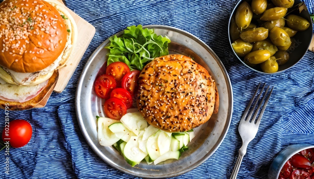 Delicious burger with fresh salad on vibrant blue cloth, perfect for food blog banner Delicious burger with fresh salad on vibrant blue cloth, perfect for food blog banner