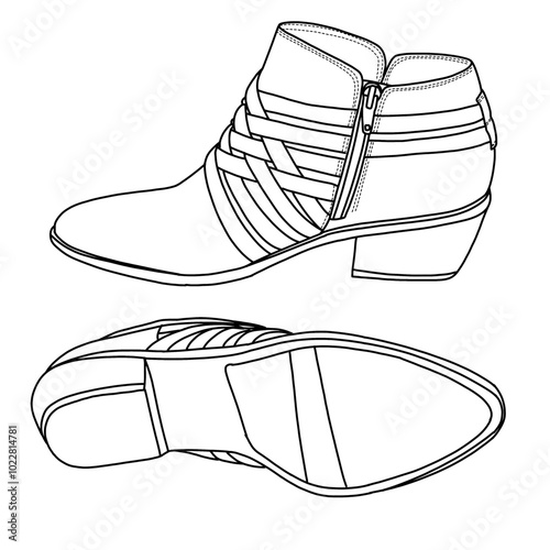 Women's Bootie ankle boots shoes with strap Line art, Technical sketch hand drawing outline vector doodle illustration side and bottom view isolated on white background