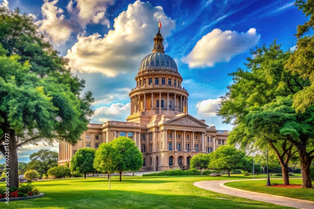 Obraz premium Texas State Capital Building in Austin with Blue Sky and Green Trees Surrounding the Historic Structure