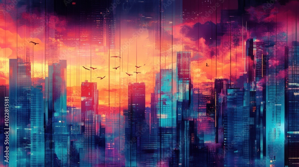 Fototapeta premium A vibrant digital cityscape at sunset, showcasing futuristic skyscrapers and colorful skies.