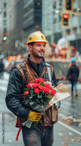Construction worker holding a bouquet of red roses on a city street as a gift for Valentine's Day