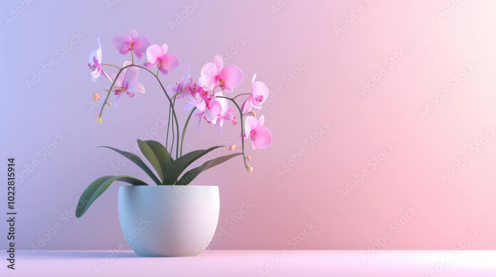Pink Orchid in a White Pot on a Pink Background Pink Orchid in a White Pot on a Pink Background