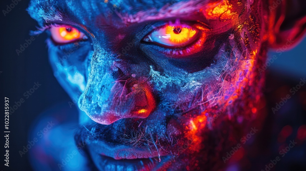 photorealism of Creepy images of a man transformed into a monster for Halloween with elaborate make-up and glowing, otherworldly eyes photorealism of Creepy images of a man transformed into a monster for Halloween with elaborate make-up and glowing, otherworldly eyes