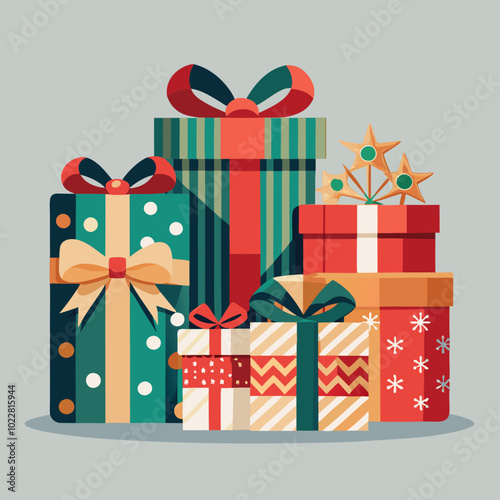 A collection of beautifully wrapped Christmas gift boxes in various sizes, featuring shiny ribbons, bows, and festive patterns