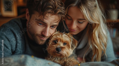 photorealism of Happy smiling young man and woman playing with cute little dogs at home with toys having fun. Cheerful young man and woman training their pets in living room.