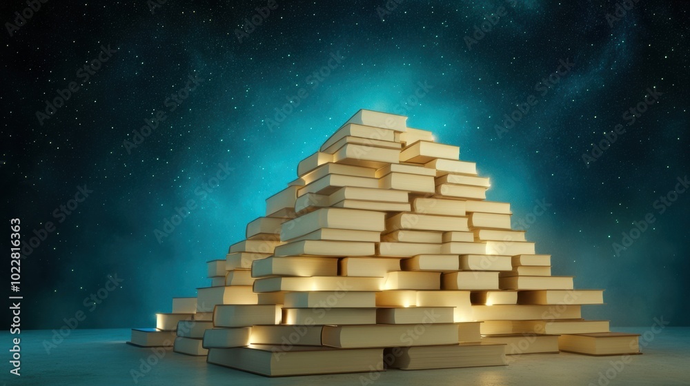 Stack of glowing books under a starry night sky, symbolizing knowledge and wonder, AI