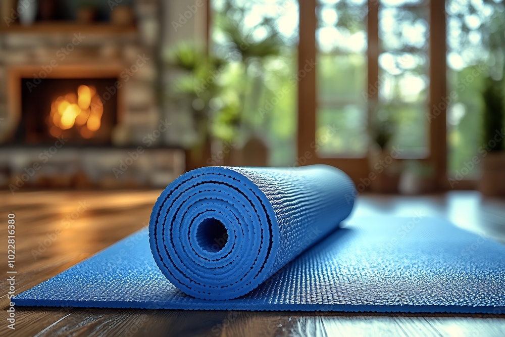Yoga at home woman rolling exercise mat in living room : Generative AI Yoga at home woman rolling exercise mat in living room : Generative AI