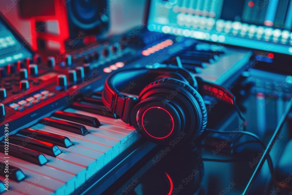A close-up of a pair of headphones resting on a synthesizer and keyboard in a dimly lit music studio during a late evening session A close-up of a pair of headphones resting on a synthesizer and keyboard in a dimly lit music studio during a late evening session