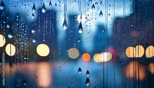 a close-up of rain droplets softly sliding down a fogged window, with blurred city lights in the background and a cool blue tint.