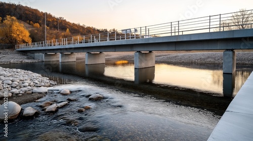 Wallpaper Mural Concrete bridge over a calm river with rocky banks and autumn trees under a clear sky at sunset. Torontodigital.ca